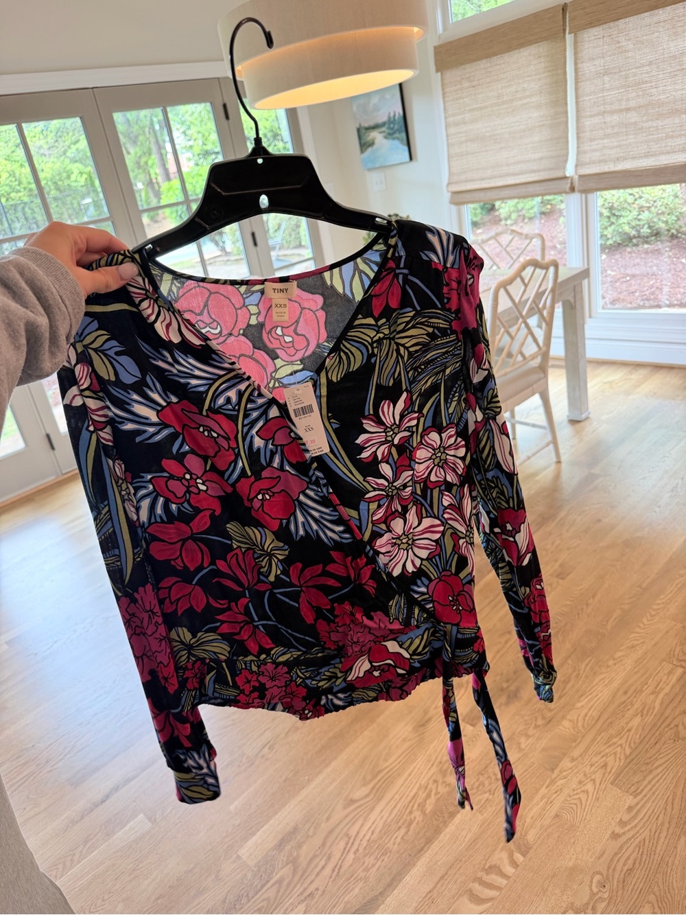 NWT Anthropologie Navy Wrap Blouse with Pink & Red Floral Print